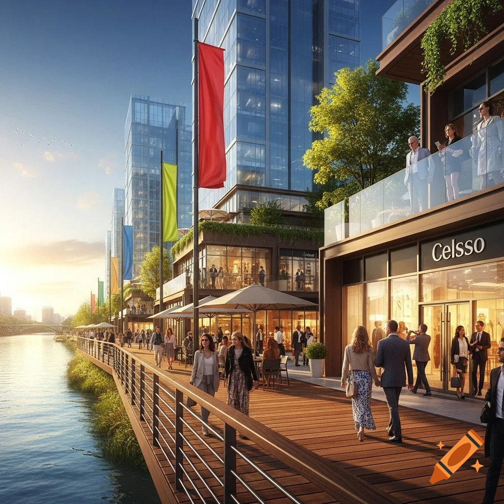 A modern riverside shopping center features a wooden boardwalk lined with people, shops, and multi-story glass buildings under a sunny sky.