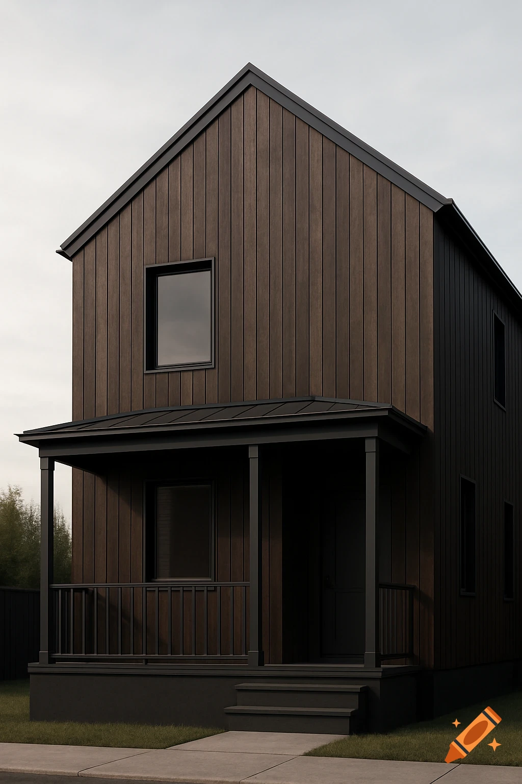 A modern minimalist dark house with vertical wood siding, a dark roof, and a small porch against an overcast sky.
