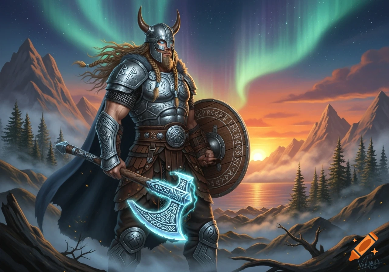 A majestic Viking warrior in ornate silver armor, horned helmet, and a blue cloak, holds a glowing axe and shield with runes, under the Northern Lights and a sunset over mountains.