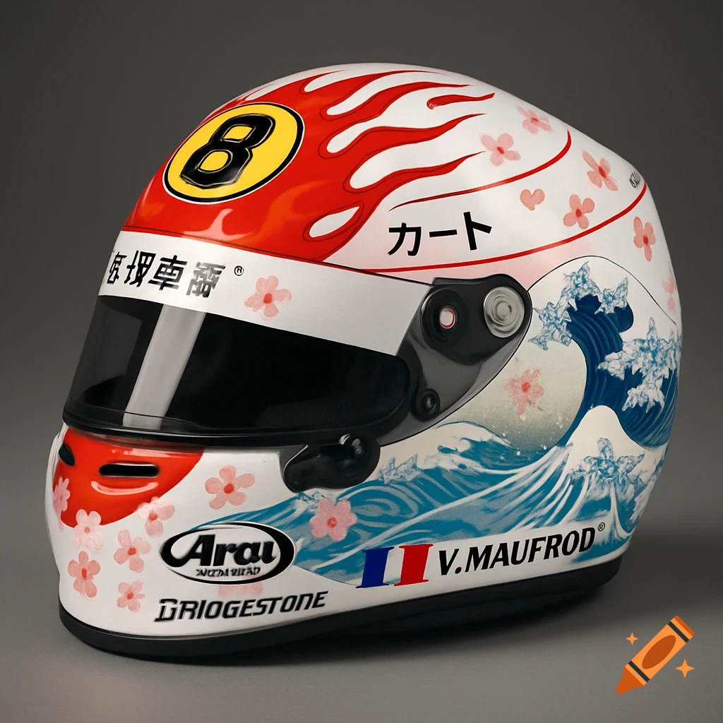 A white karting helmet with red flames, blue Japanese waves, and pink cherry blossoms. It features the number 8, a French flag, 'V. MAUFROID', and sponsor logos like 'Arai' and 'Bridgestone', along with some Japanese text.