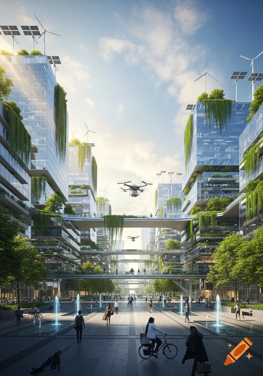 A photorealistic image of a futuristic city with green buildings, solar ...