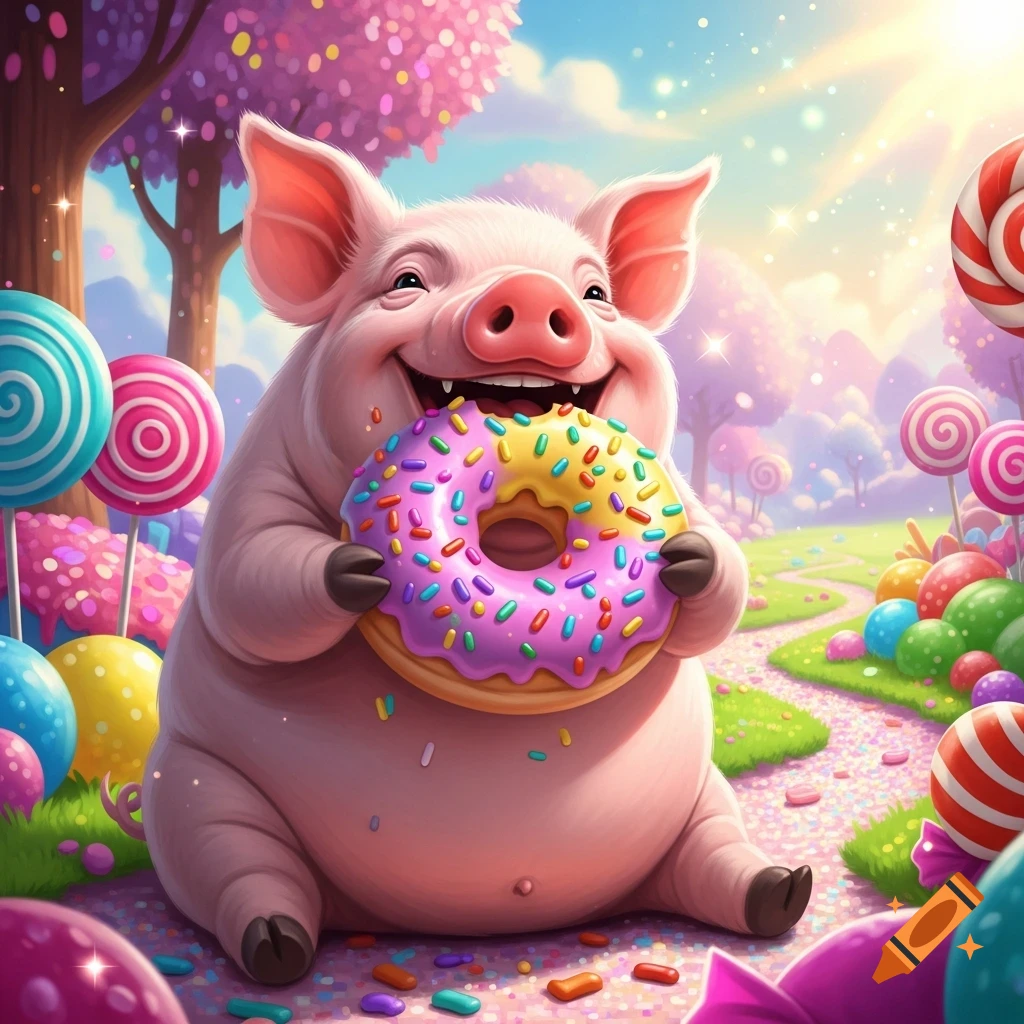 A happy cartoon pig sits in a vibrant candy land, eating a pink donut with colorful sprinkles.