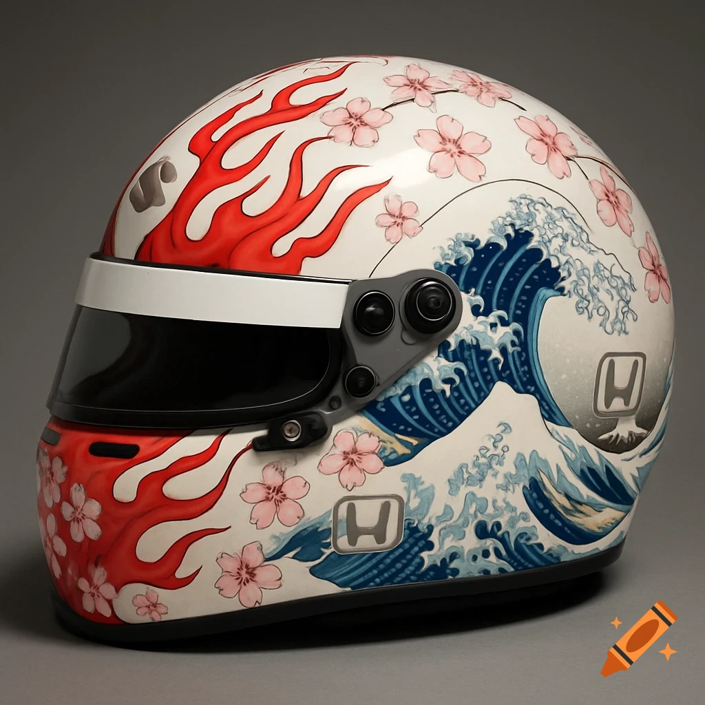 A white Formula 1 helmet with red flames, blue Kanagawa-style waves, pink cherry blossoms, and Japanese brand logos.