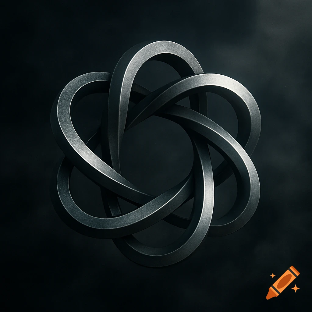 A dark metallic abstract symbol with five intertwined loops against a dark, textured background.