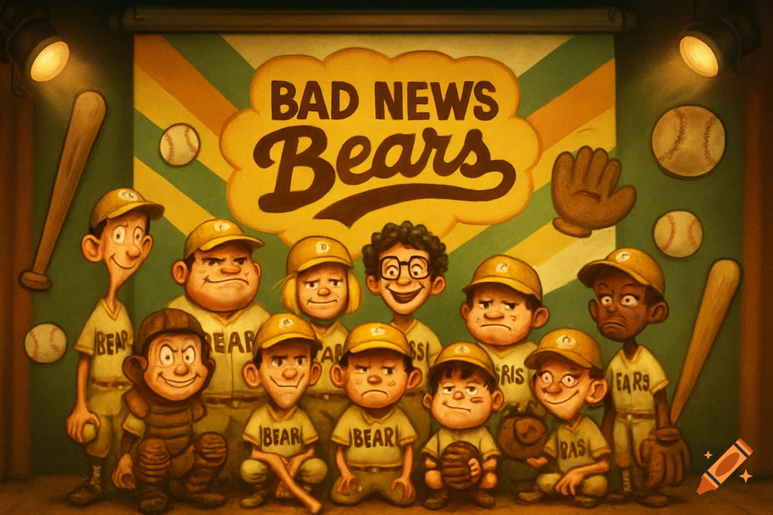 Cartoon illustration of a diverse youth baseball team, the 'BAD NEWS Bears', posing with bats and balls against a striped background.