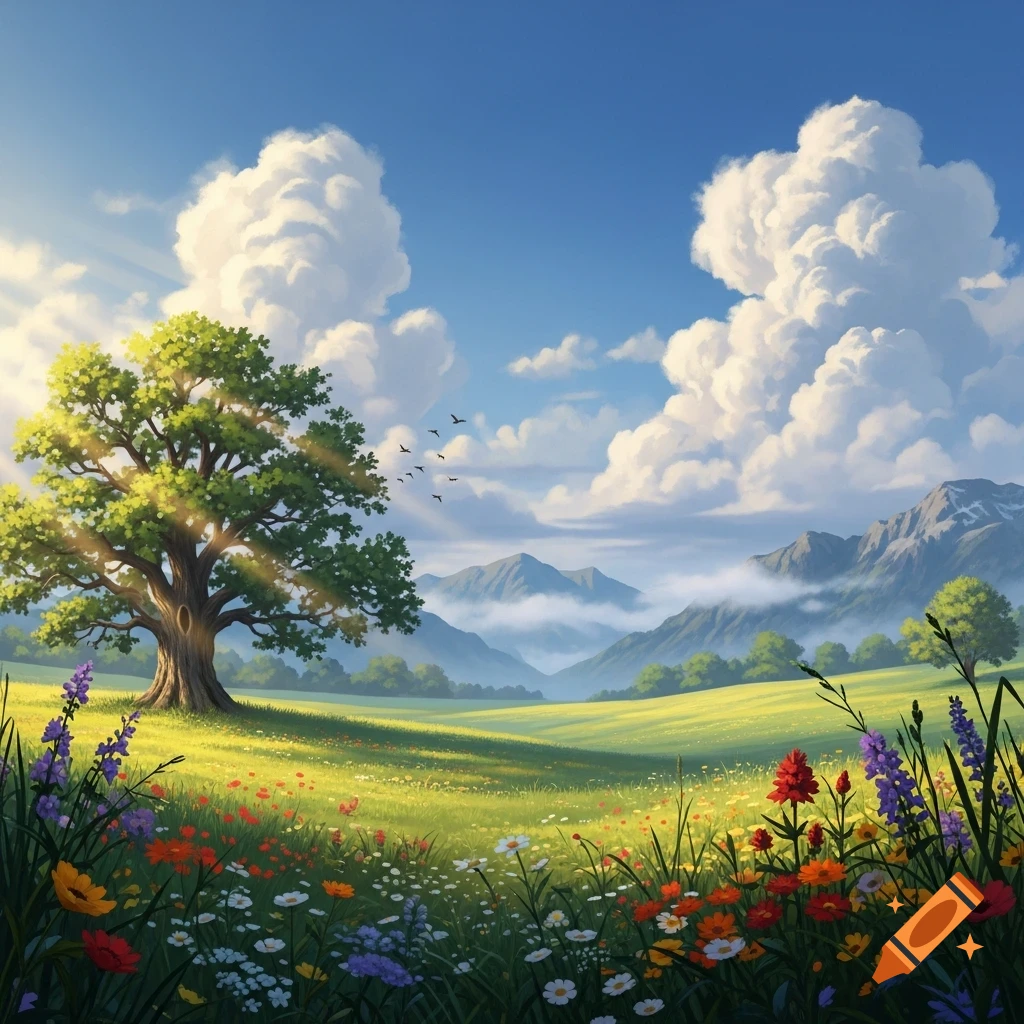 Vibrant natural landscape with a large tree, wildflowers, distant mountains, and fluffy clouds under a blue sky.