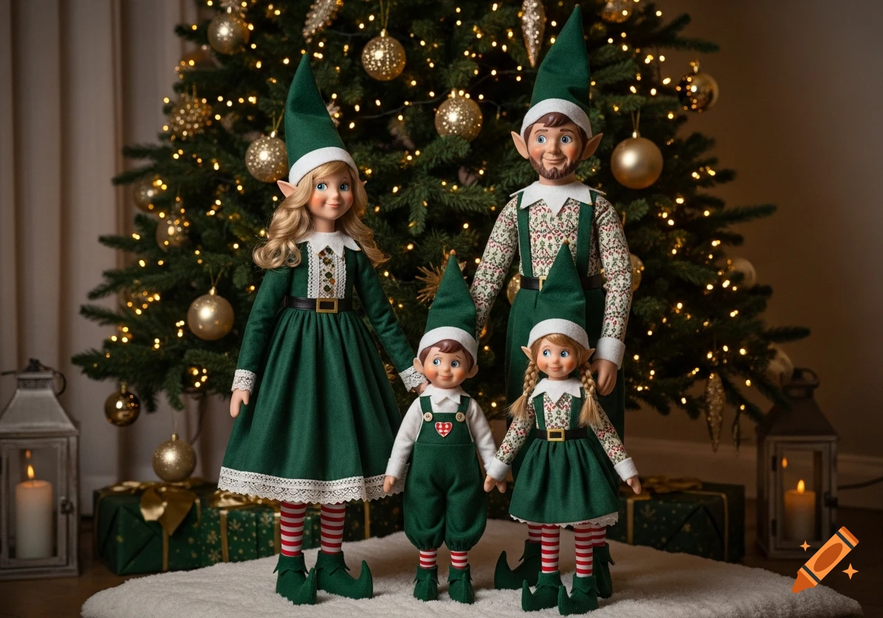 Doll-like elf family, mother, father, son, and daughter, in green outfits and hats, standing before a festive Christmas tree.