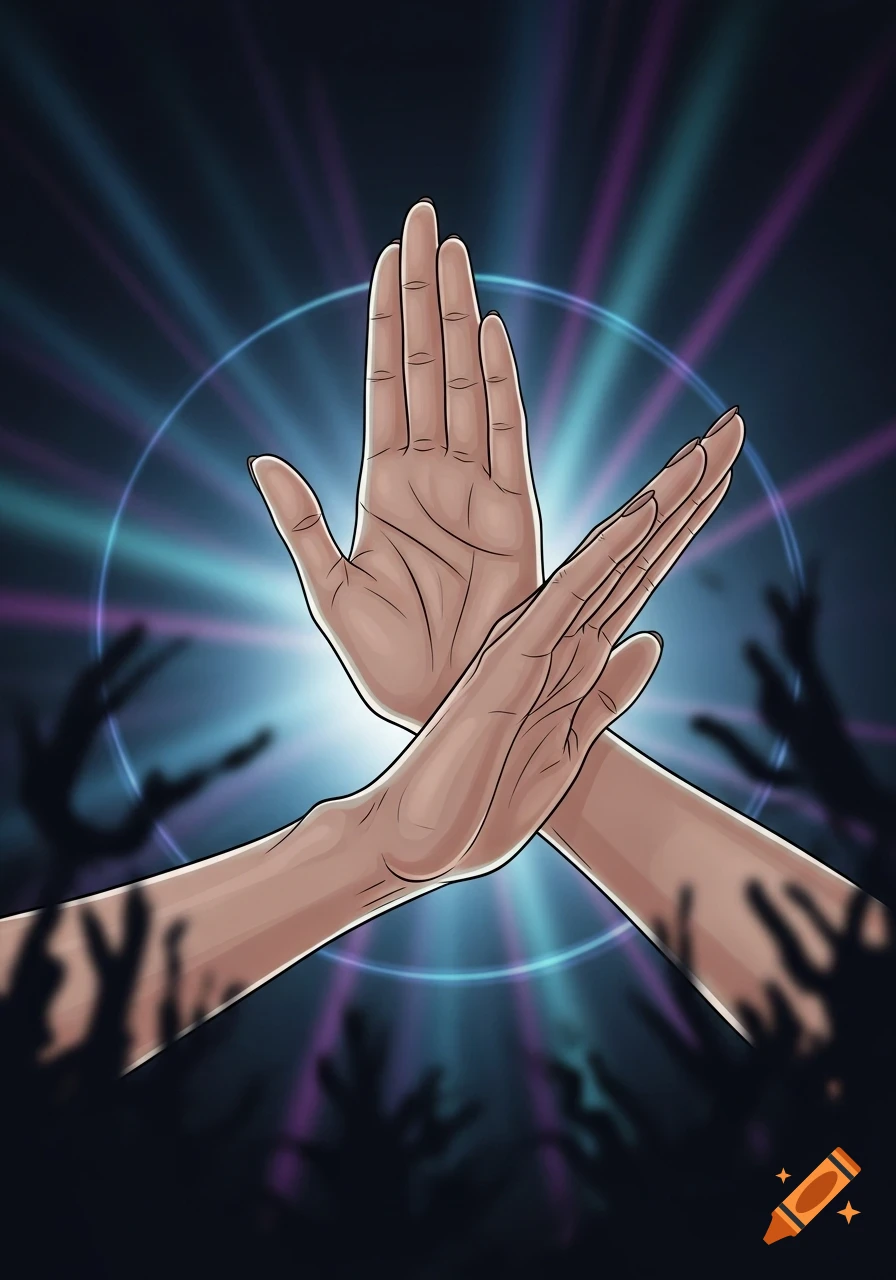 Illustration of two hands crossed in a protective gesture against a dark background with radiant blue light and shadowy figures.