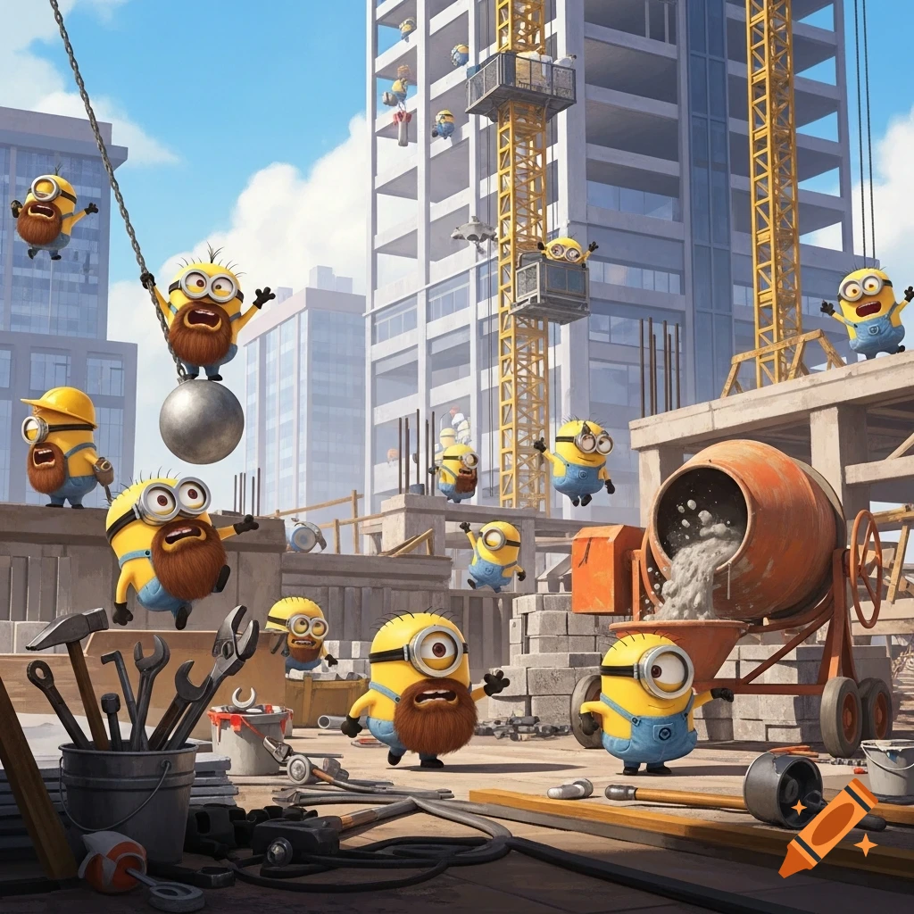 Cartoon minions with long brown beards causing chaos on a bustling construction site with cranes and buildings.