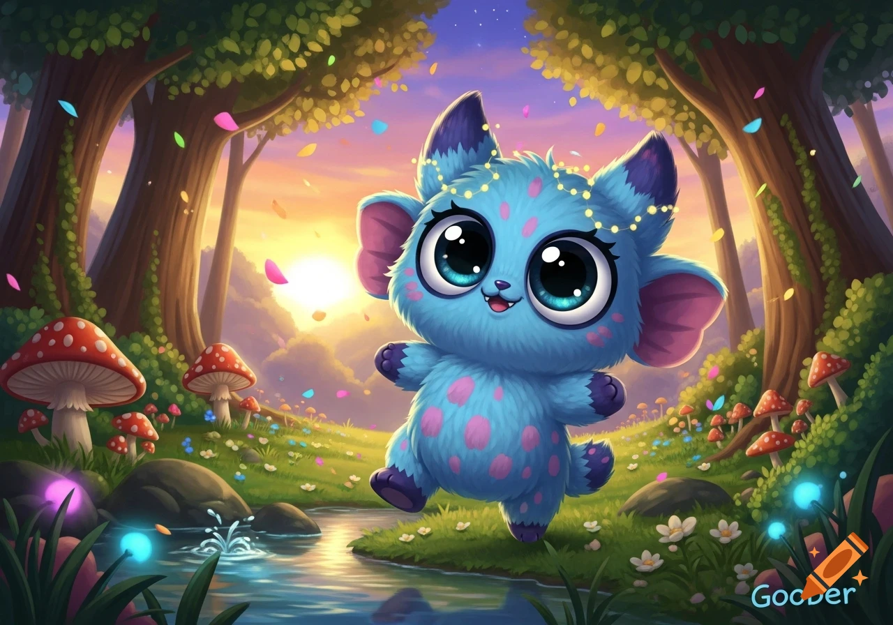 A fluffy blue creature with large, sparkling eyes and pink spots, adorned with fairy lights, prances happily in a magical forest with glowing mushrooms and a sunset.