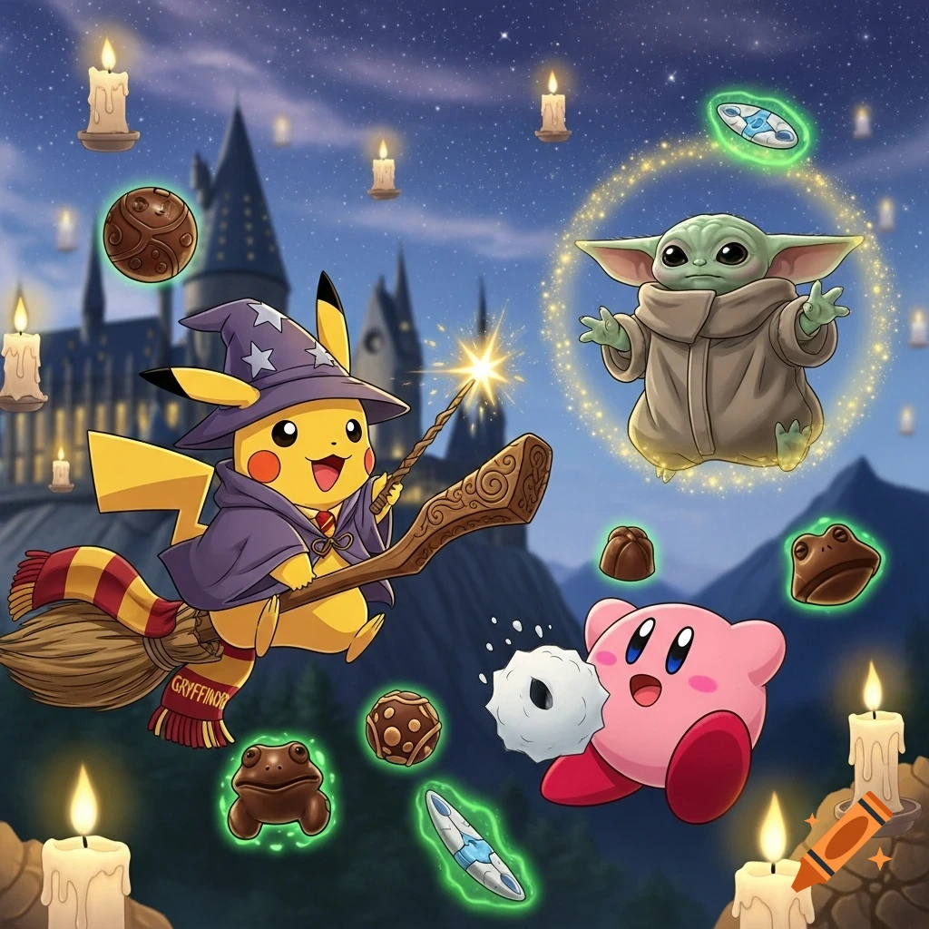 Pikachu as a wizard on a broom, Baby Yoda, and Kirby in a magical Harry Potter setting with a castle and floating candles.