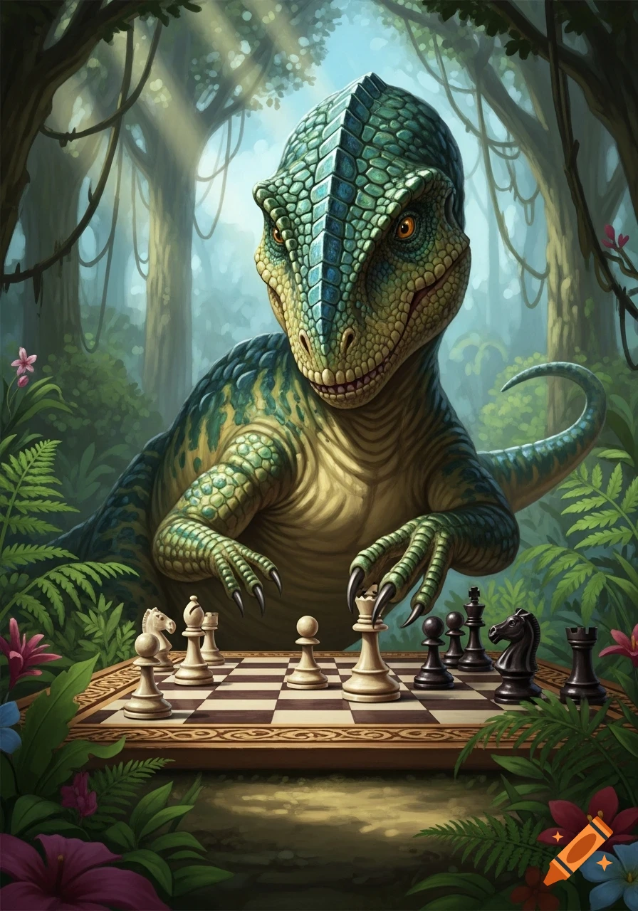 A scaly green dinosaur with large claws intensely plays chess on a wooden board amidst a lush, sun-dappled jungle.
