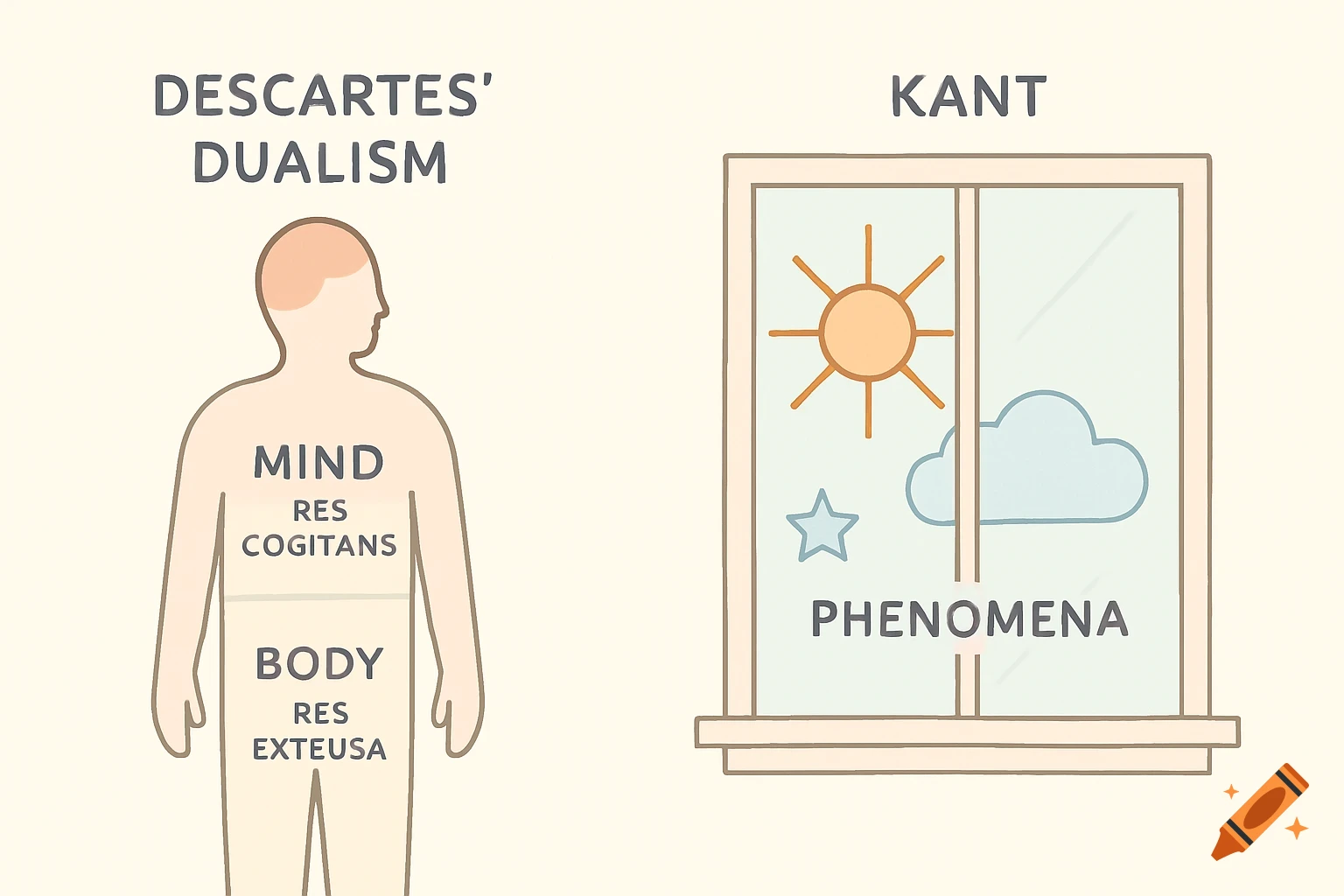 An educational diagram illustrating Descartes' Dualism with a human figure labeled 'MIND RES COGITANS' and 'BODY RES EXTEUSA', next to Kant's concept of 'PHENOMENA' depicted by a window with a sun, cloud, and star.