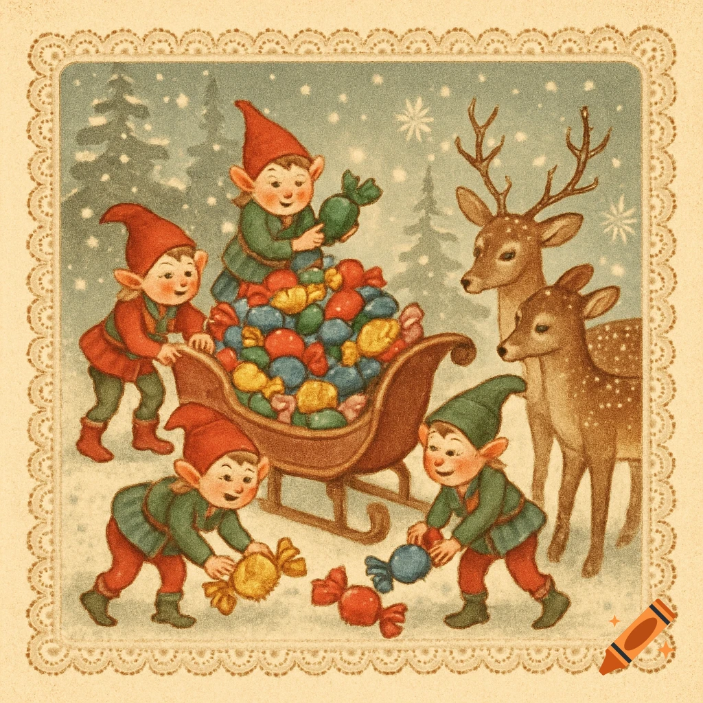 Vintage illustration of elves and deer with a sleigh full of colorful candy in a snowy Christmas scene.