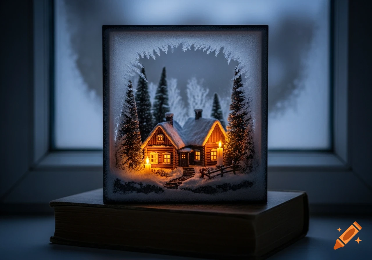 A miniature winter diorama of a snowy log cabin and pine trees with warm light, viewed through a frosted window, resting on an old book.