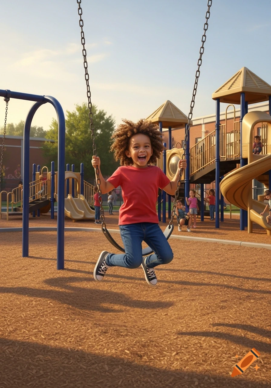A happy child with curly hair swings joyfully on a sunny playground, with other children and equipment in the background.