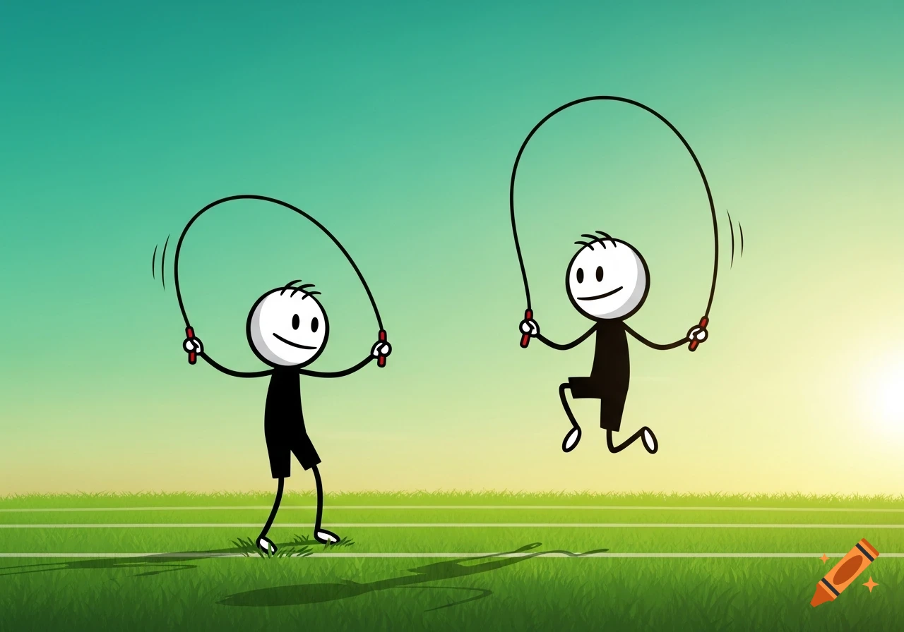 Two cartoon stick figures jump rope on a green field with a gradient ...