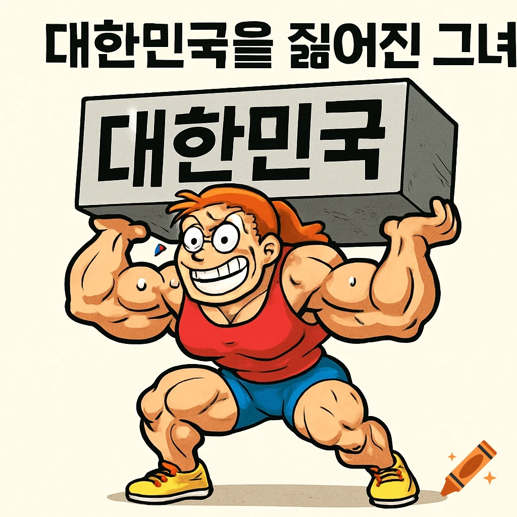 Cartoon muscular woman comically carries a '대한민국' block on her shoulders, with a Korean caption '대한민국을 짊어진 그녀' above.