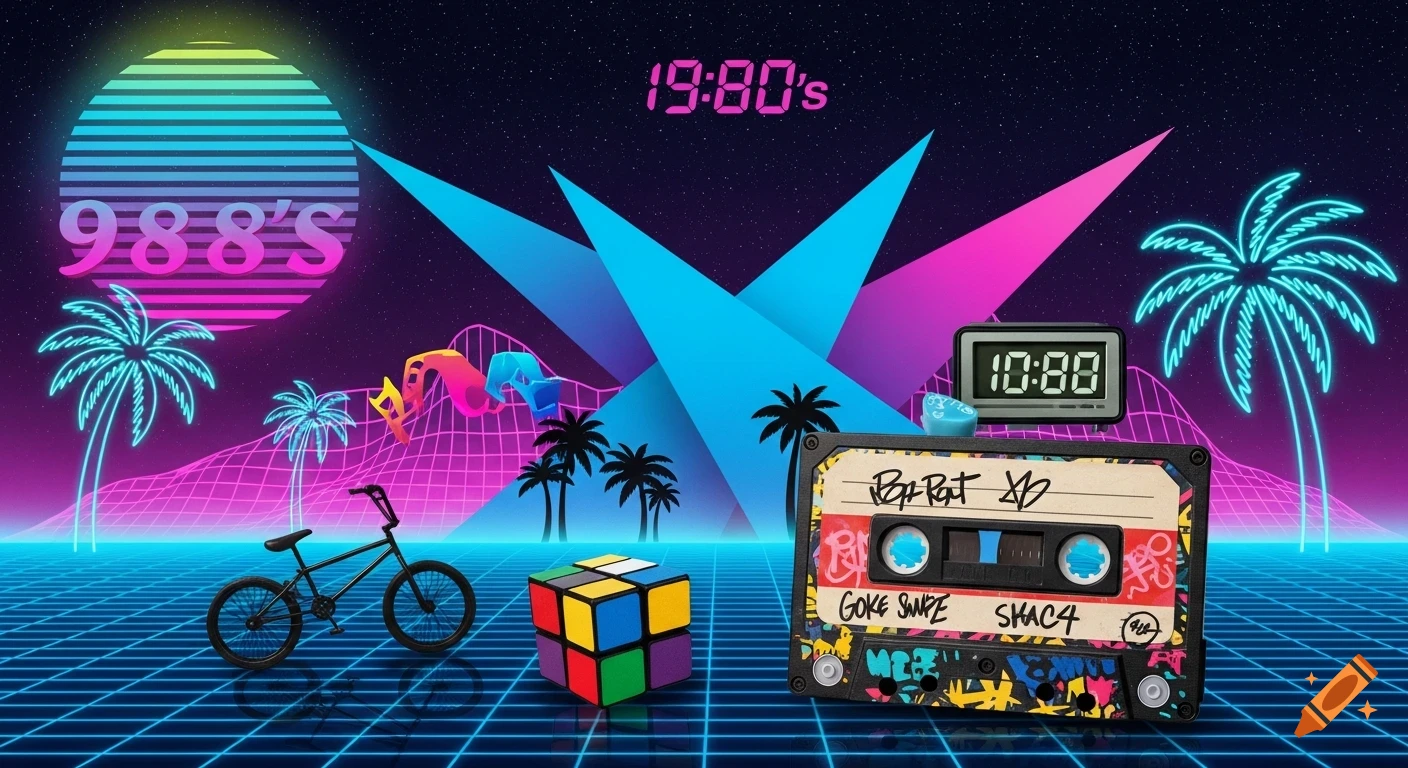 A vibrant retro-futuristic scene with neon grids, palm trees, a BMX bike, a Rubik's cube, and a graffiti-style cassette tape.