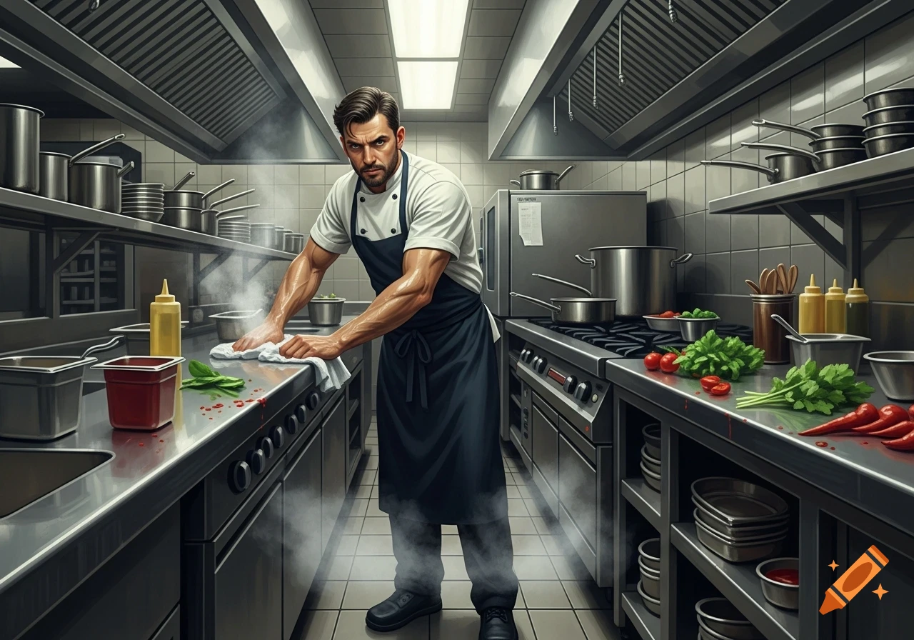 Muscular chef in an apron intensely cleaning a stainless steel commercial kitchen counter with a cloth, surrounded by cookware and fresh produce.