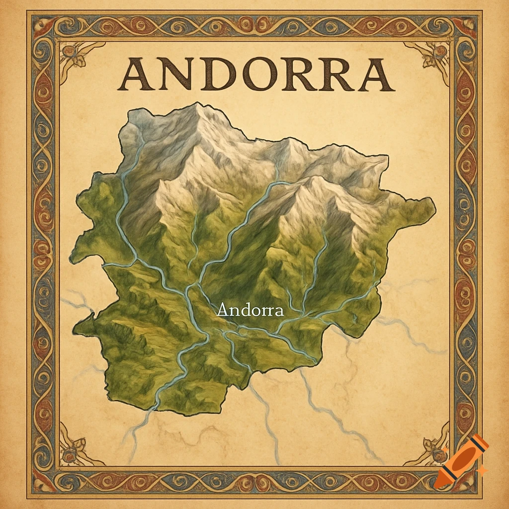 An illustrative map of Andorra showing mountains and rivers, framed by a decorative border, with "ANDORRA" at the top.