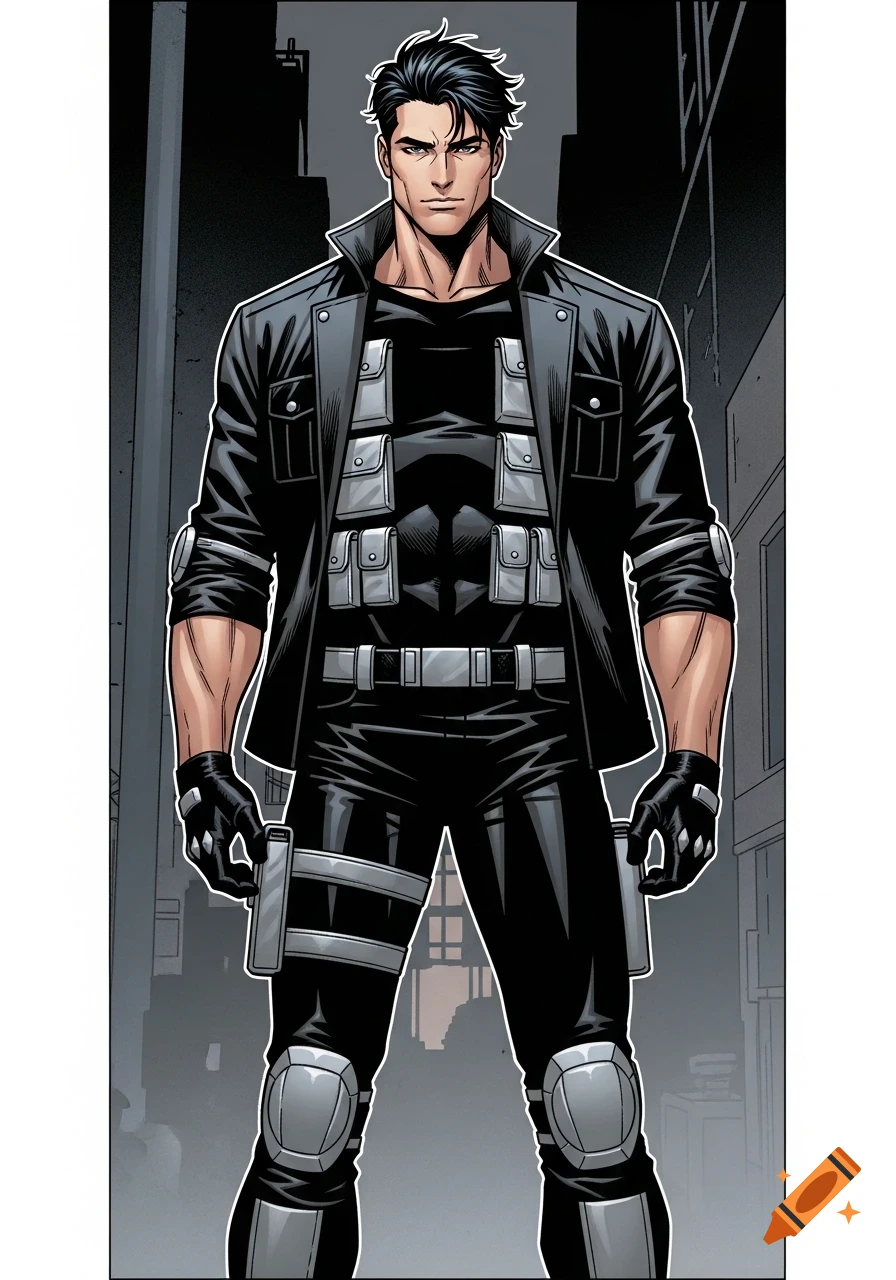 A muscular man with black hair in a black tactical outfit, including a jacket, pants, and grey knee pads, in comic book style.