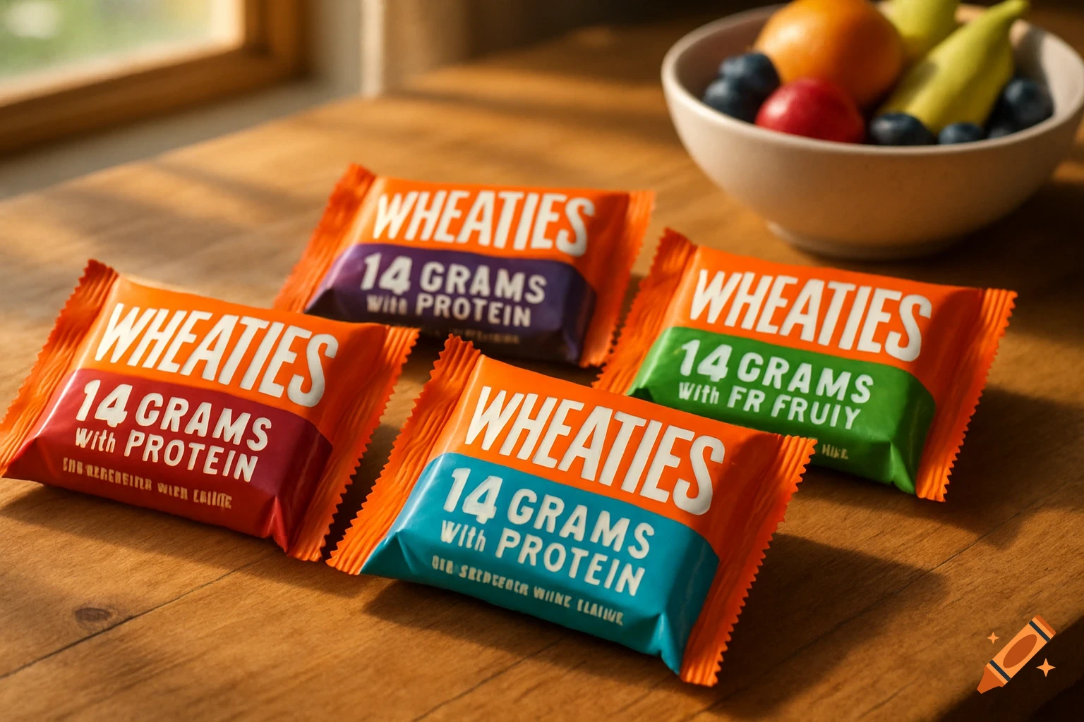 Four colorful Wheaties breakfast bars on a wooden table, with a bowl of fruit in the background. The bars have different colored stripes.