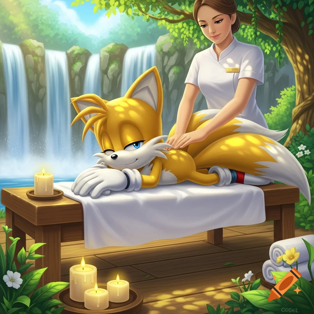 Cartoon of Miles 'Tails' Prower getting a massage from a human woman in a lush outdoor setting with waterfalls and candles.