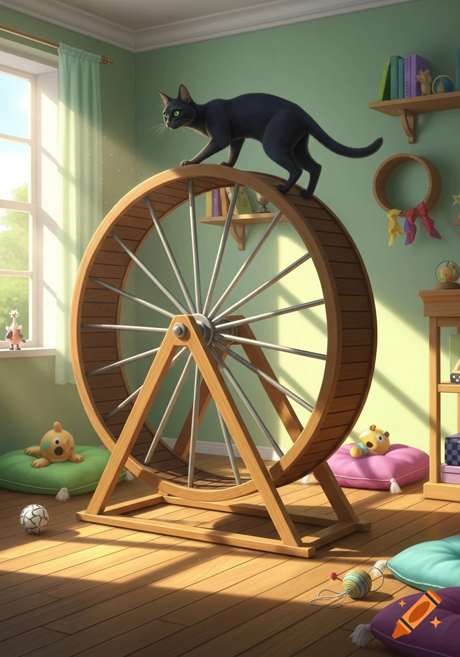 A black cat stands on top of a large wooden hamster wheel in a sunlit room with shelves and colorful cushions.
