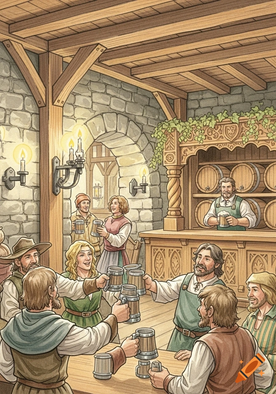 A watercolor illustration of a lively medieval tavern with people toasting with mugs of ale.