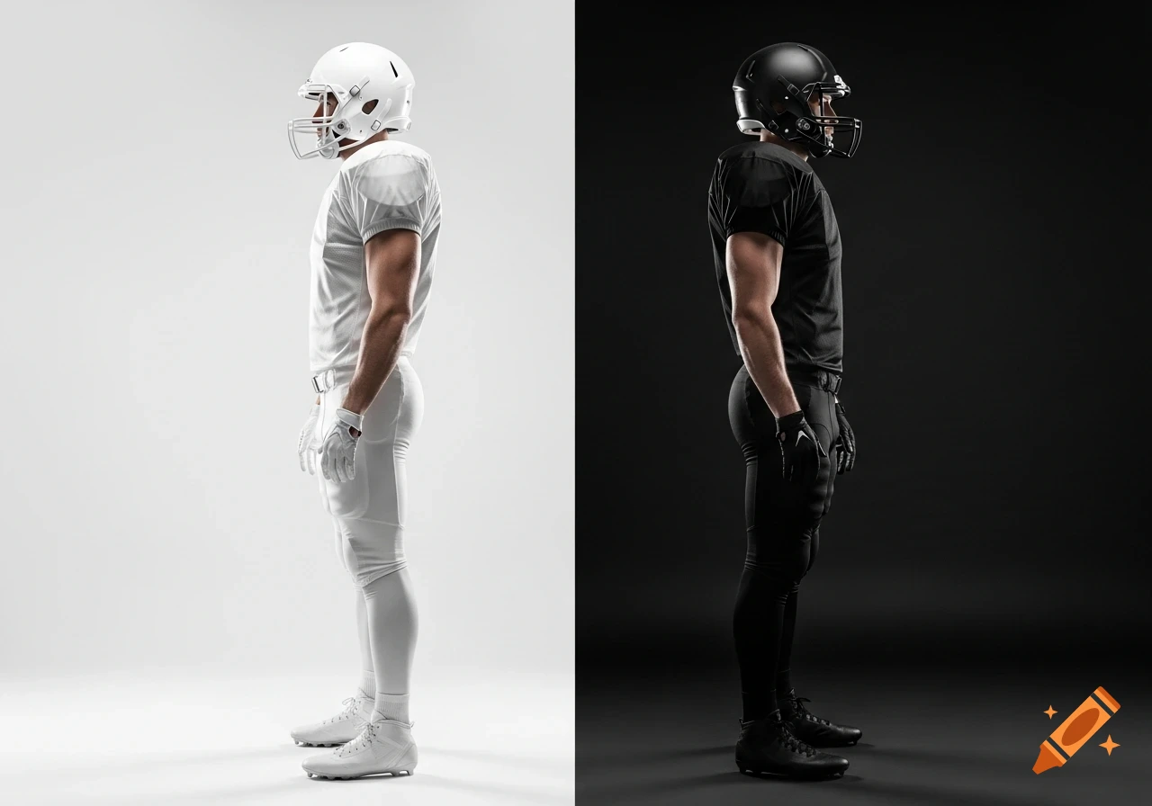 Two American football players in profile, one in white uniform on white background, one in black uniform on black background.