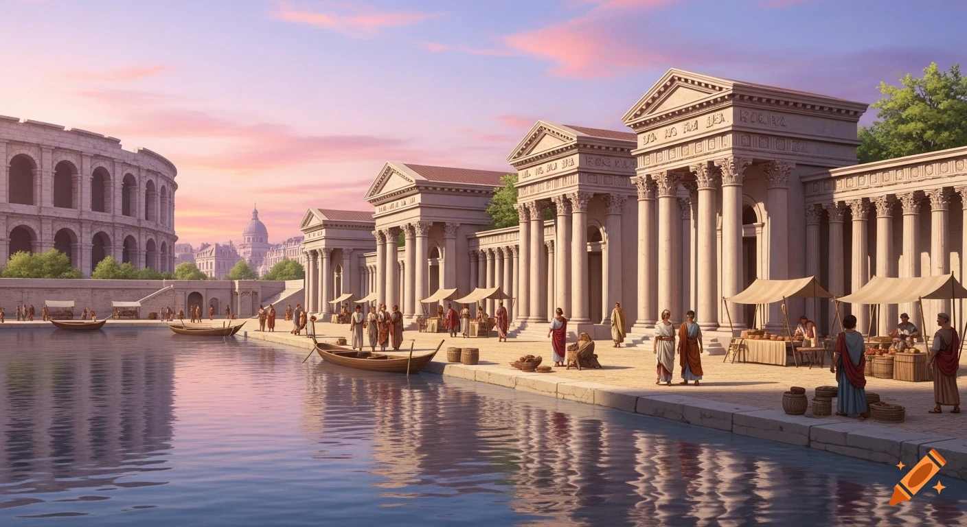 Vibrant illustration of an ancient Roman city at sunset, with a bustling market along a river, classical buildings, and a large amphitheater.