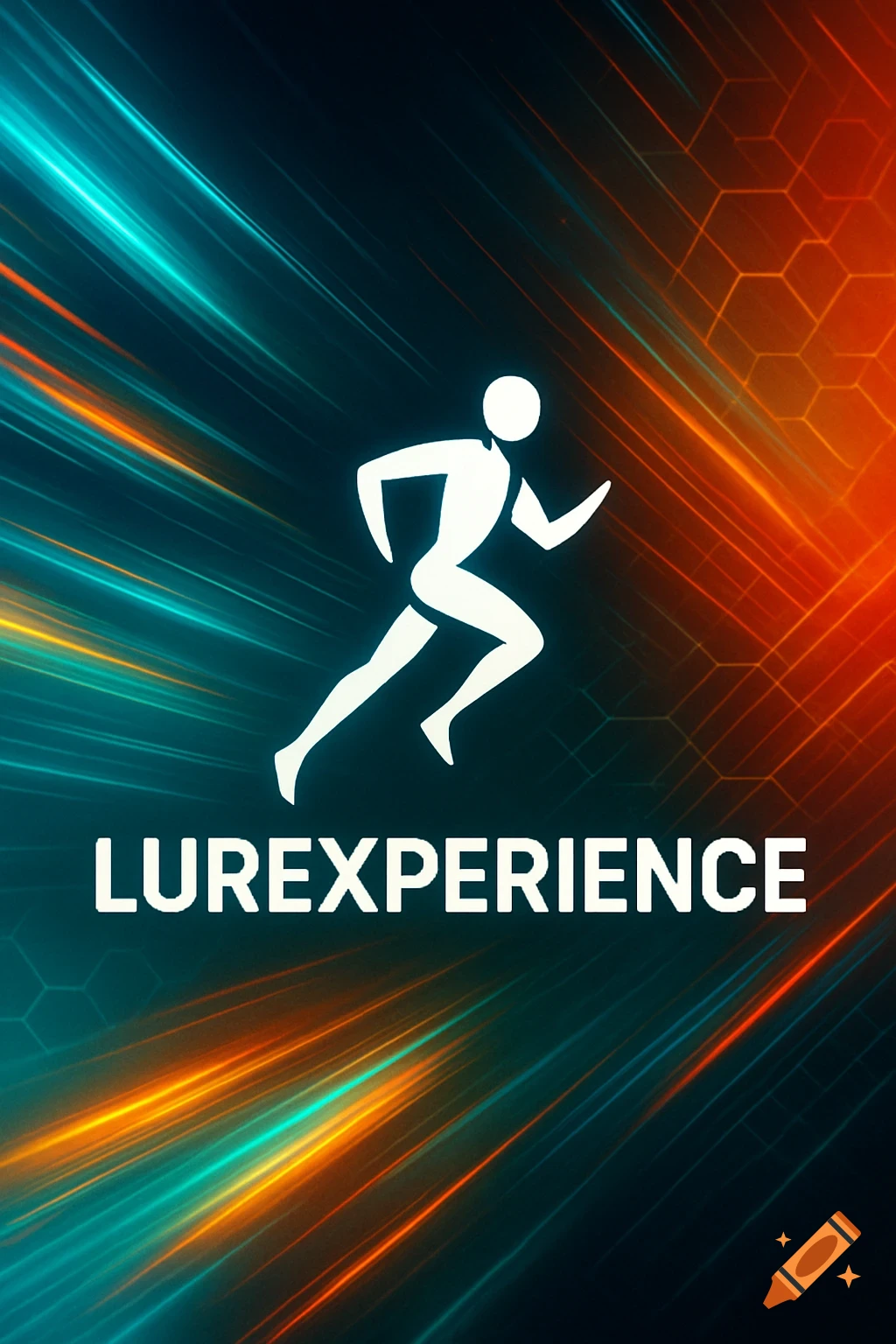 White stylized running figure above "LUREXPERIENCE" text on a vibrant background of blue and orange light streaks and geometric patterns.