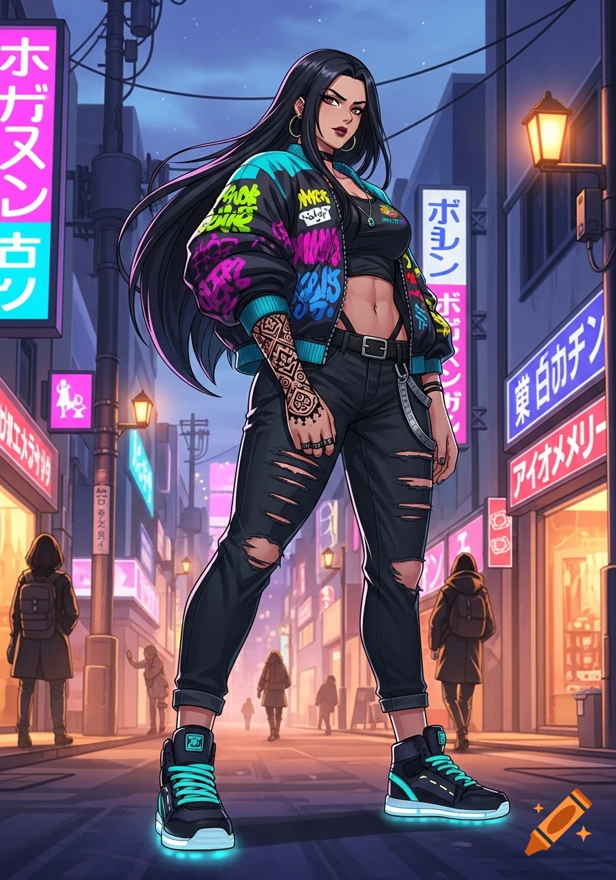 Anime-style woman with long black hair, crop top, ripped jeans, and a colorful bomber jacket in a neon-lit city street at night.