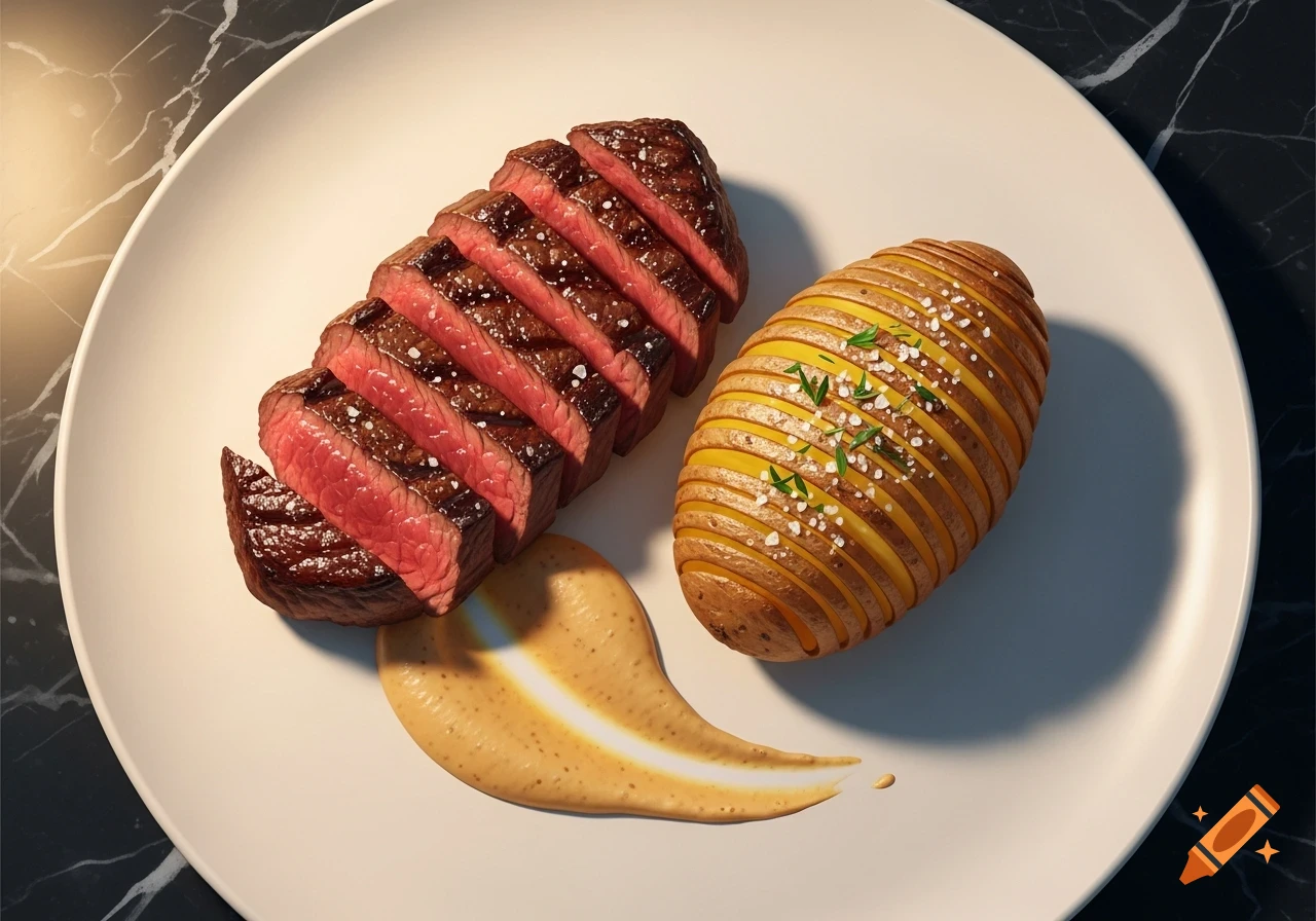 Photorealistic overhead view of a sliced steak, a hasselback potato, and sauce on a white plate.
