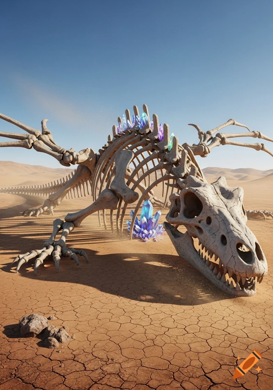A fossilized dinosaur skeleton with vibrant blue and purple crystals embedded in its spine and chest, lying on a cracked desert floor under a clear blue sky.