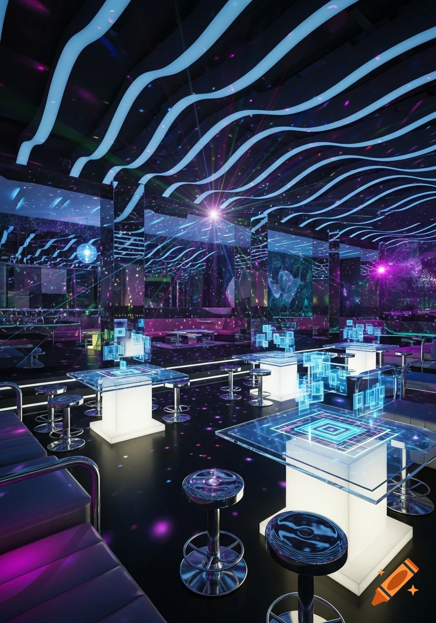 A futuristic disco interior with glowing blue and purple lights, holographic tables, and reflective surfaces.