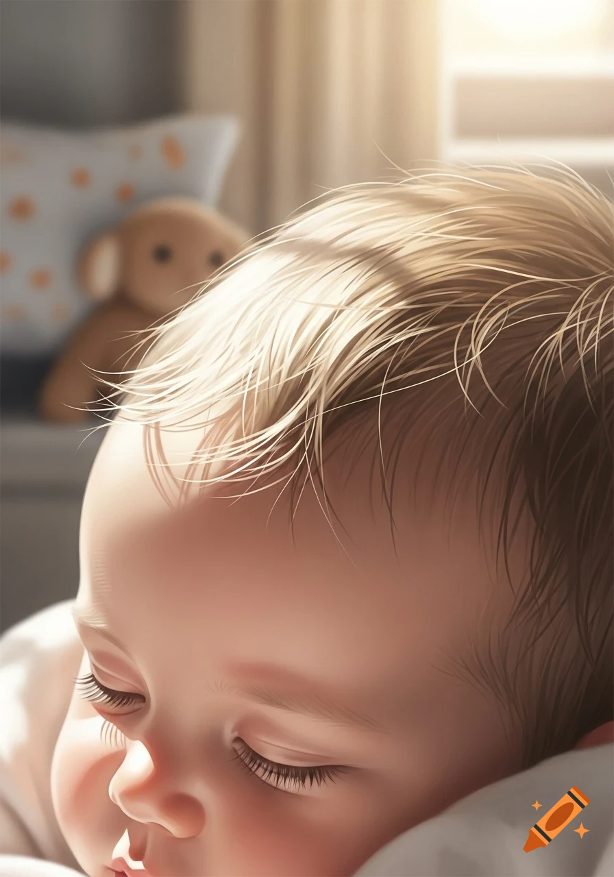 Close-up of a sleeping baby with blonde hair and long eyelashes, bathed in soft sunlight, with a blurry teddy bear in the background.
