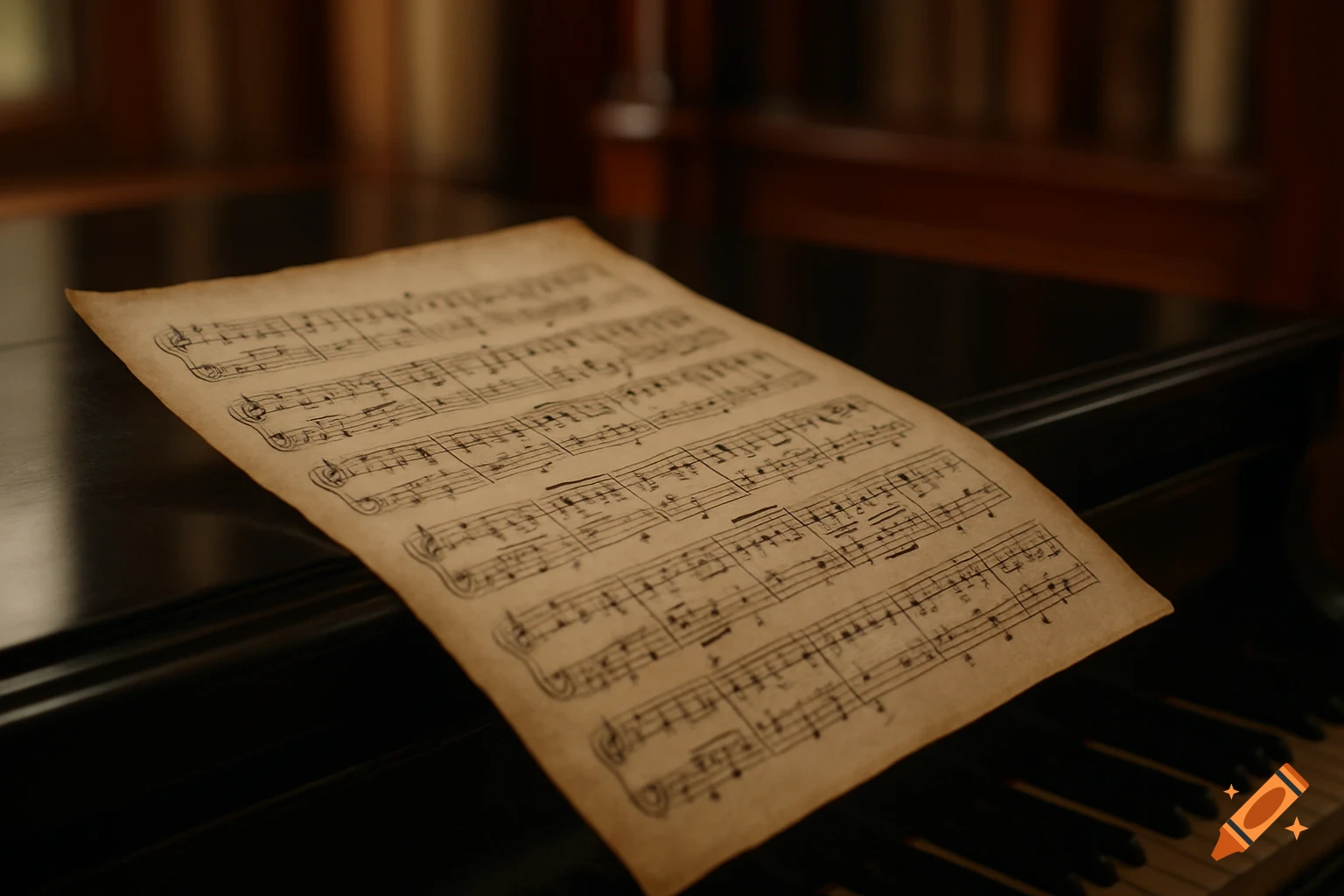 Close-up of old sheet music resting on the keys of a piano in a softly lit room.