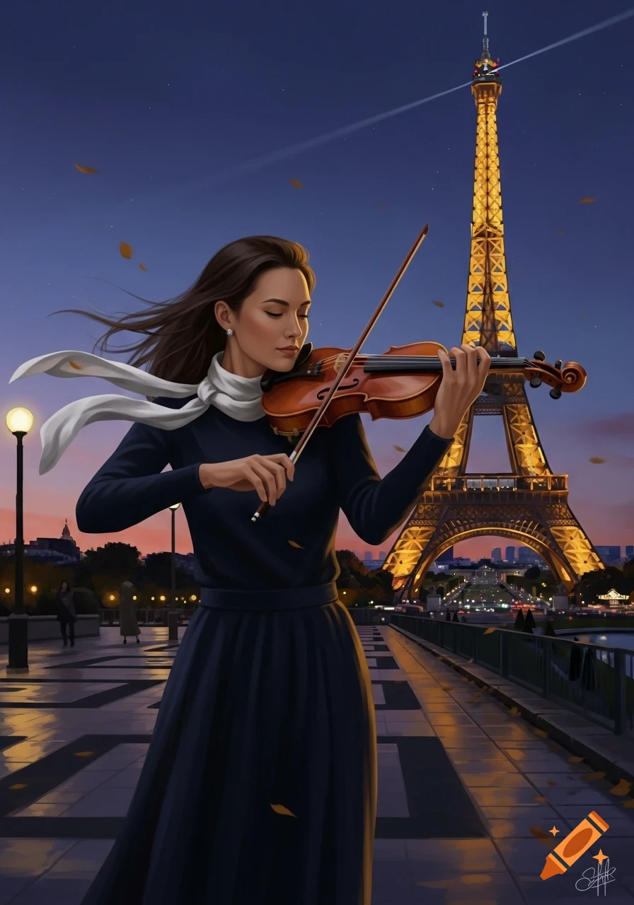 A woman in a dark dress and white scarf plays a violin on a Parisian street at night, with the illuminated Eiffel Tower behind her.