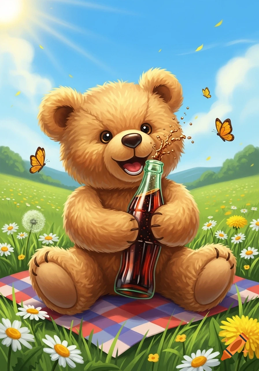 A cheerful cartoon teddy bear sits on a plaid picnic blanket in a sunny meadow, holding a fizzing soda bottle. Butterflies fly nearby.