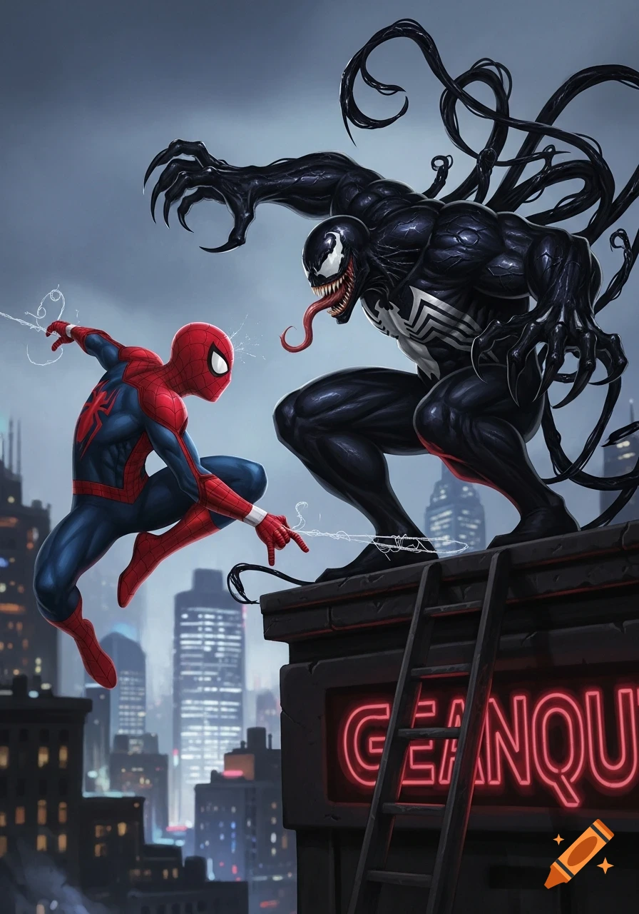Spider-Man in a red and blue suit leaps toward Venom, a large black symbiote, on a city rooftop with skyscrapers in the background.