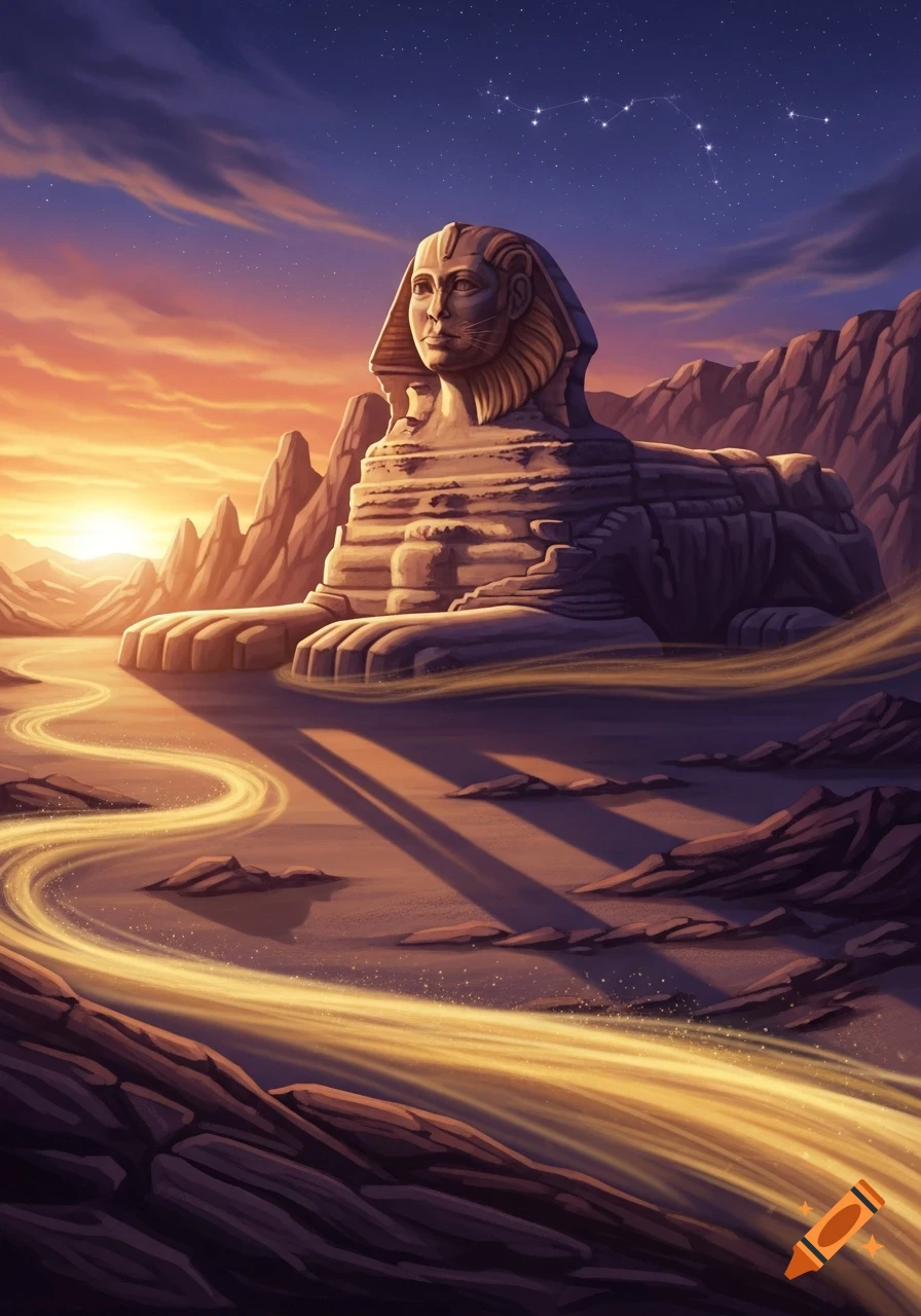 Illustrated Sphinx statue in a desert at sunset with a starry sky and a glowing winding path.