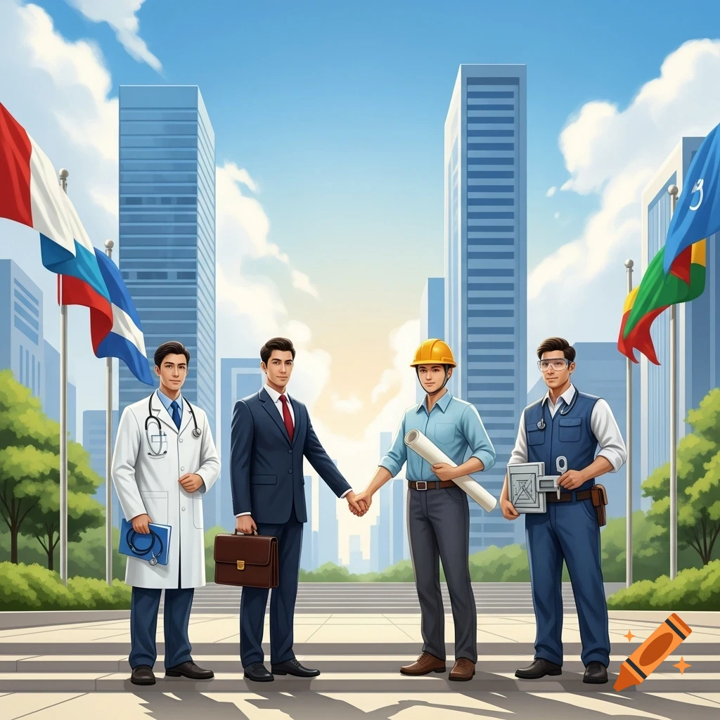 Four men representing different professions, including a doctor, businessman, and engineers, stand in a city, shaking hands to symbolize unity.