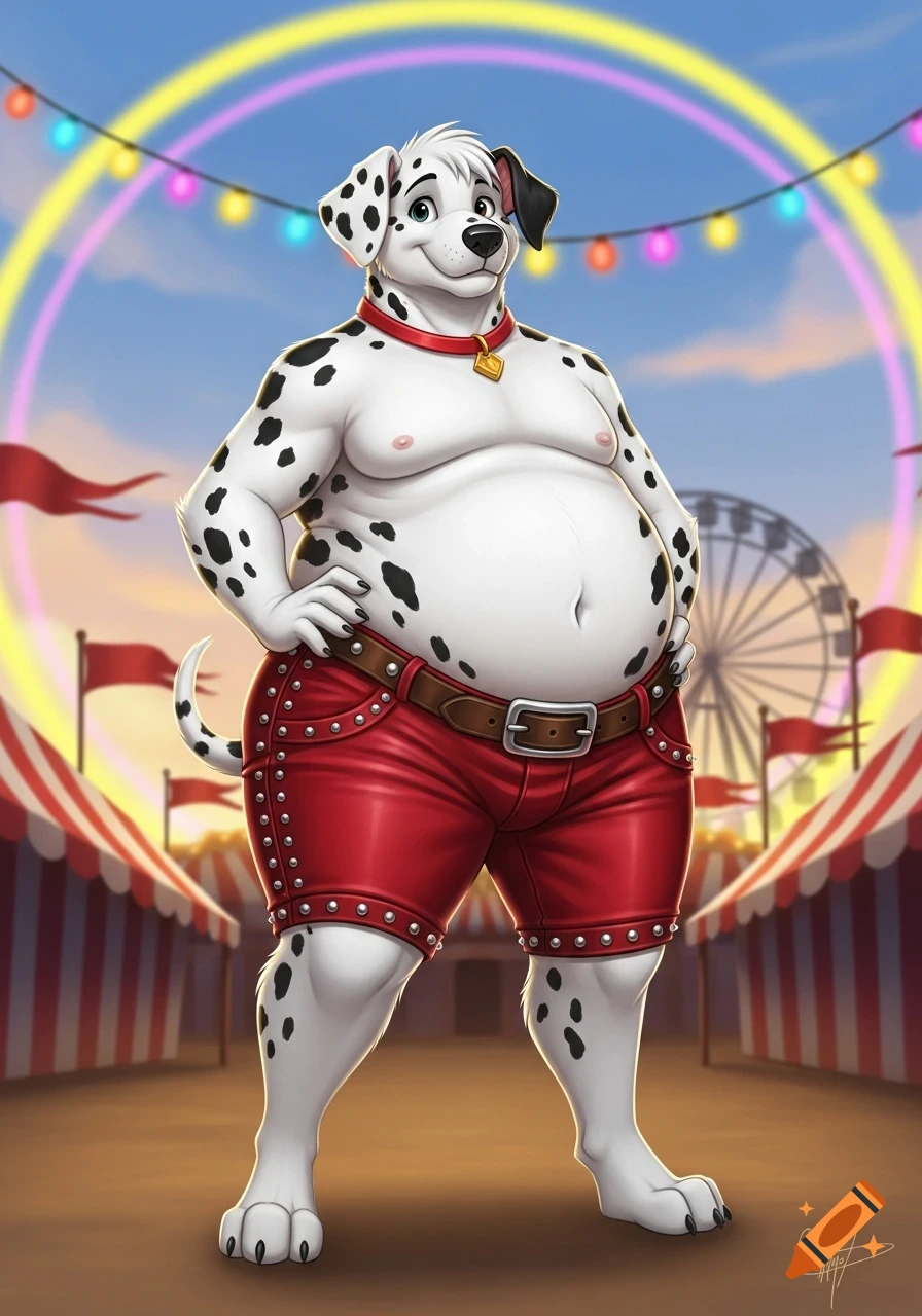 A chubby anthropomorphic dalmatian wearing red leather shorts stands confidently at a carnival with festive lights and tents.