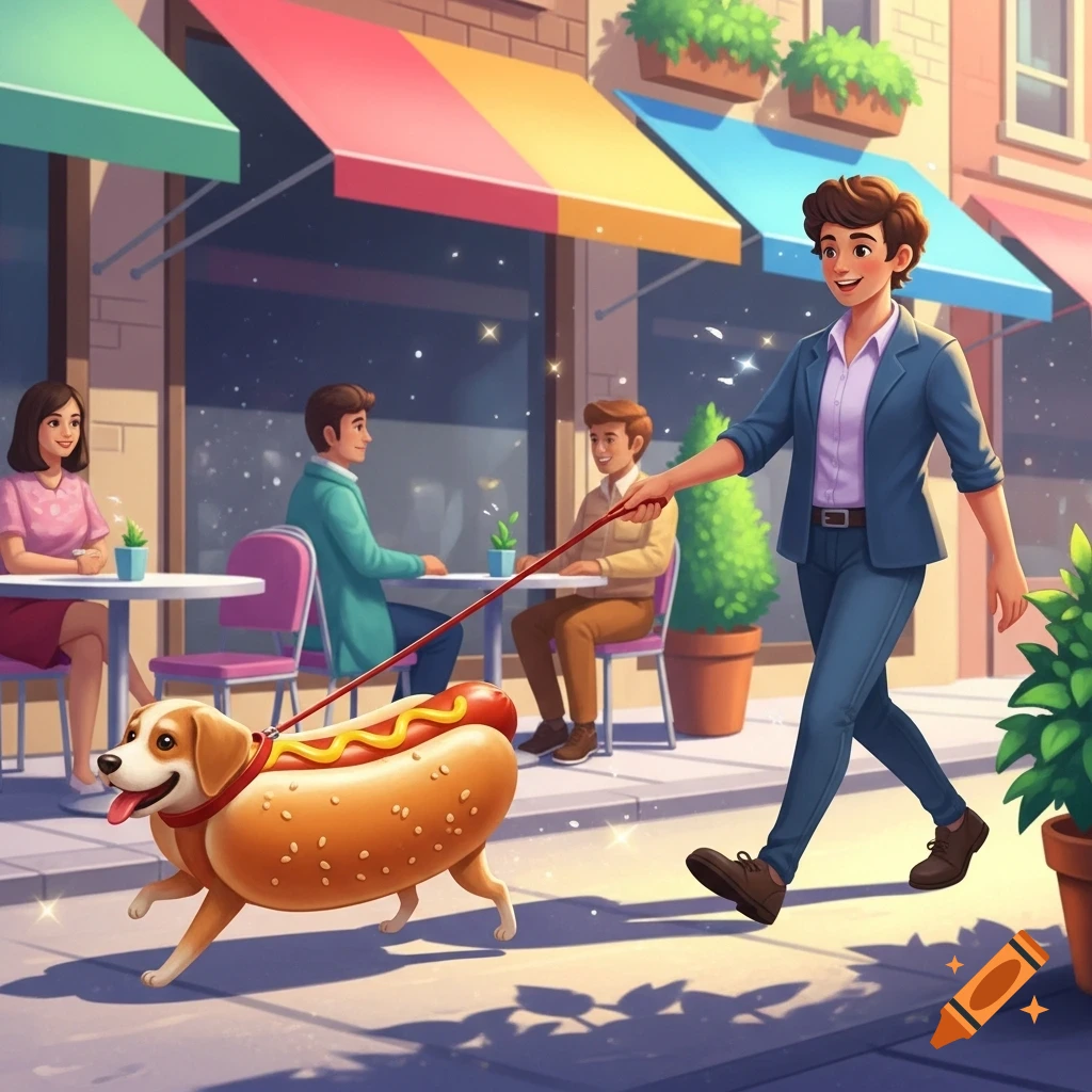 A person walks a smiling dog in a hotdog costume on a leash past an outdoor cafe in a sunny, cartoon city street.