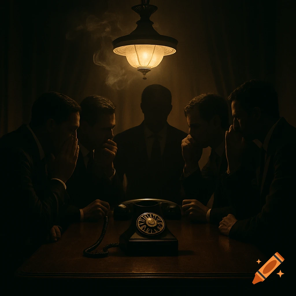Five men in suits sit around a table with a vintage rotary phone, shrouded in shadow under a single dim lamp, creating a mysterious atmosphere.