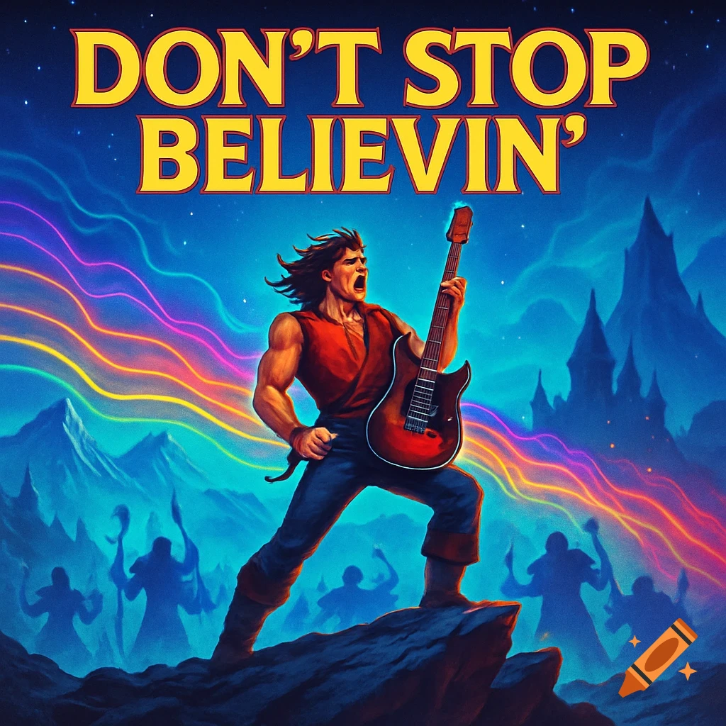 A muscular male rock musician plays an electric guitar on a mountain peak under a starry sky with neon light trails and fantasy castles. Text: 'DON'T STOP BELIEVIN''."