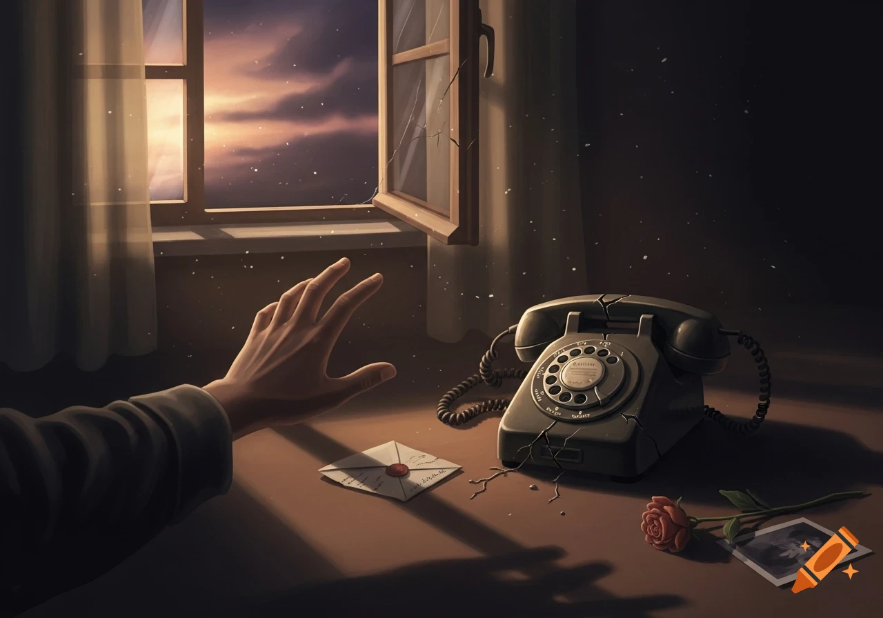 A hand reaches for a broken rotary phone next to an open window at dusk. A letter with a wax seal, a rose, and a photo lie on the table.