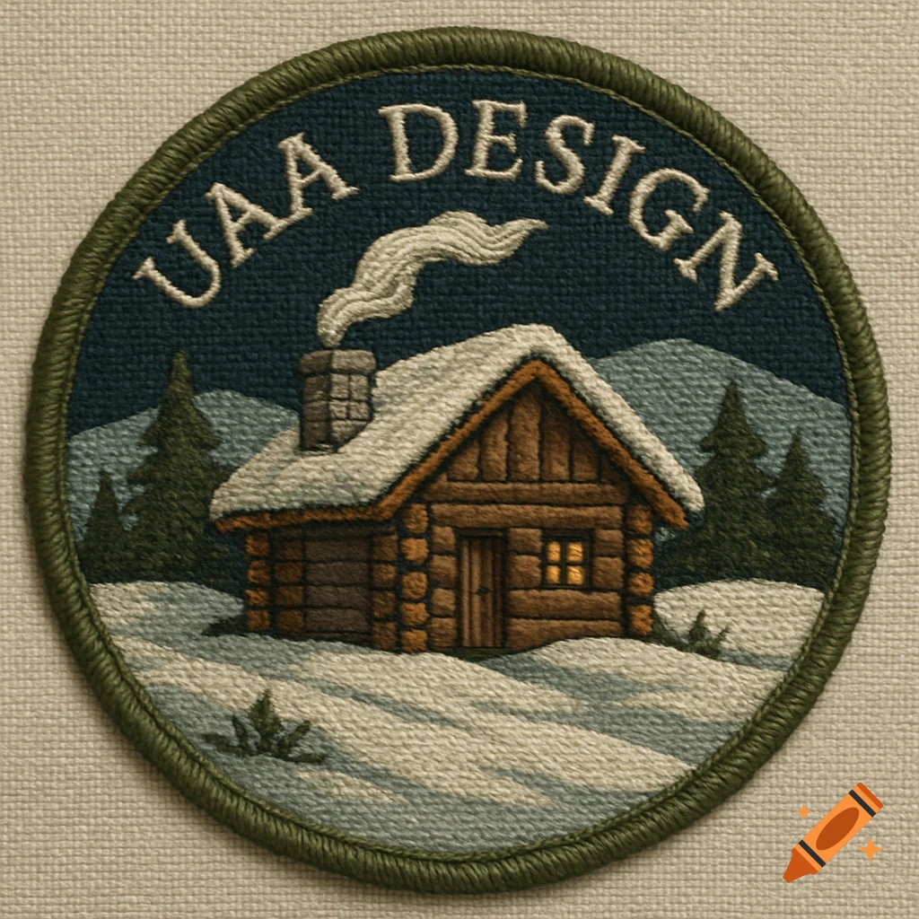 Circular embroidered patch with 'UAA DESIGN' above a snow-covered cabin, pine trees, and mountains.